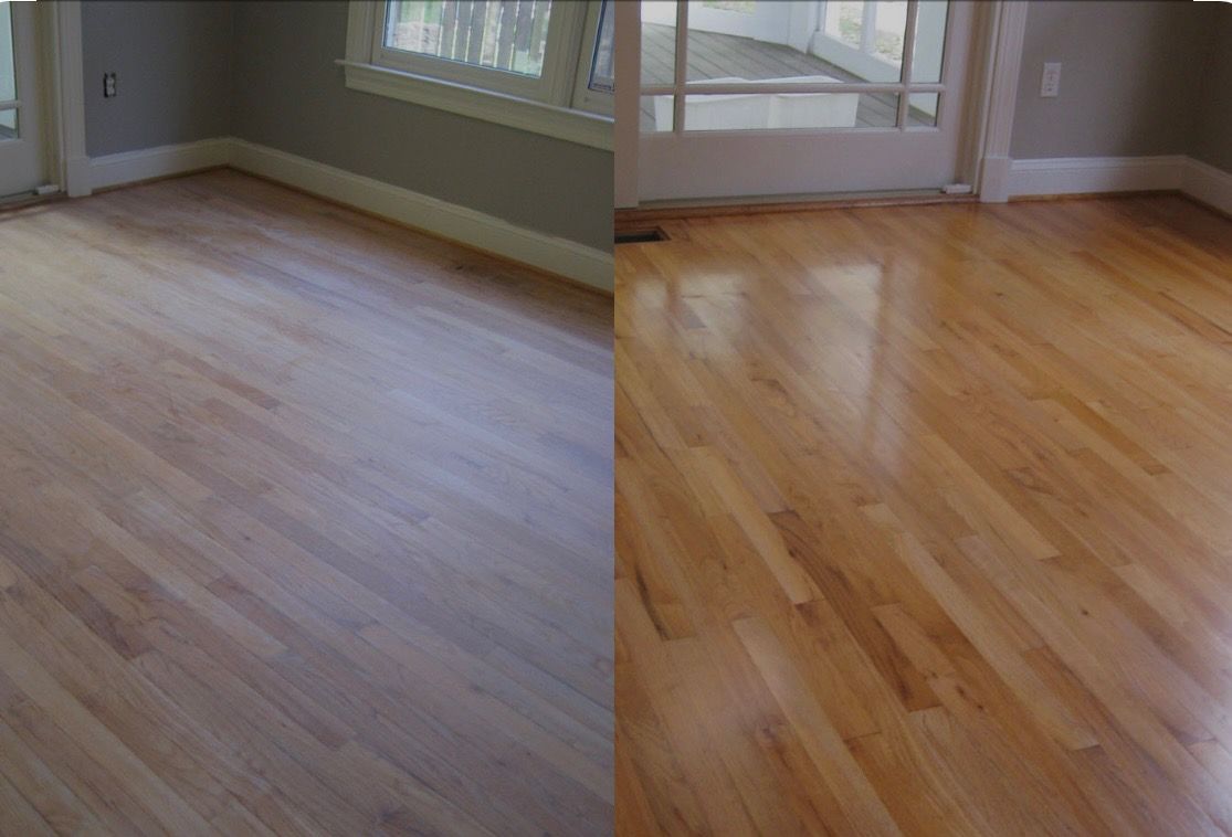 A before and after photo of a wooden floor in a room.
