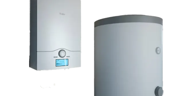 modern wall-mounted boiler unit next to a large cylindrical hot water storage tank.