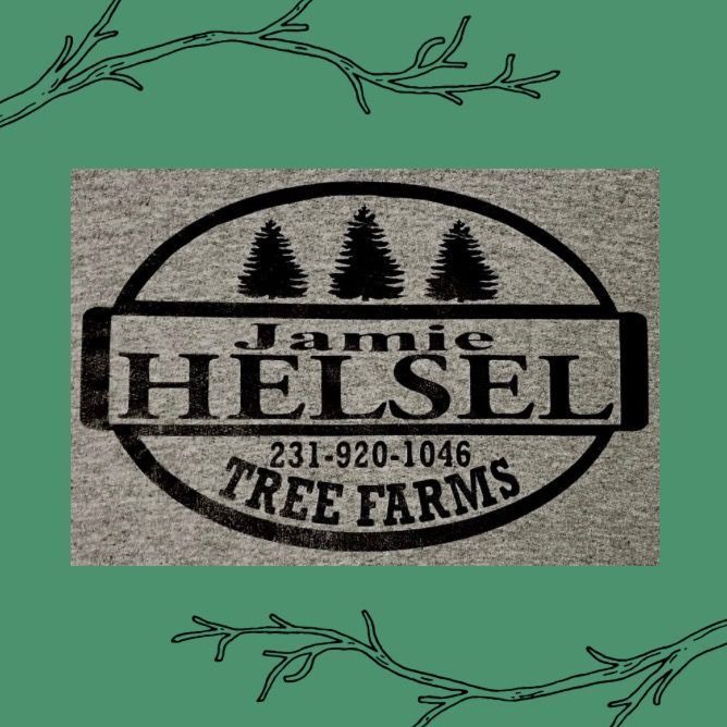 Logo for Jamie Helsel Tree Farms with phone number 231-920-1046, featuring three pine trees inside an oval.