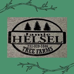 Logo for Jamie Helsel Tree Farms with phone number 231-920-1046, featuring three pine trees inside an oval.