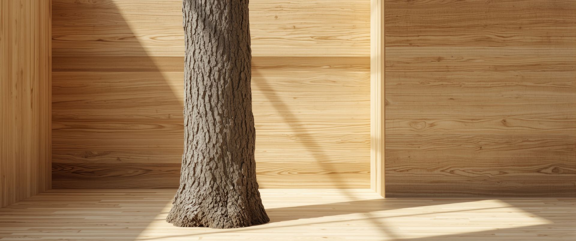 A tree trunk stands indoors against light-colored wood paneled walls, with sunlight casting sharp shadows across the floor.