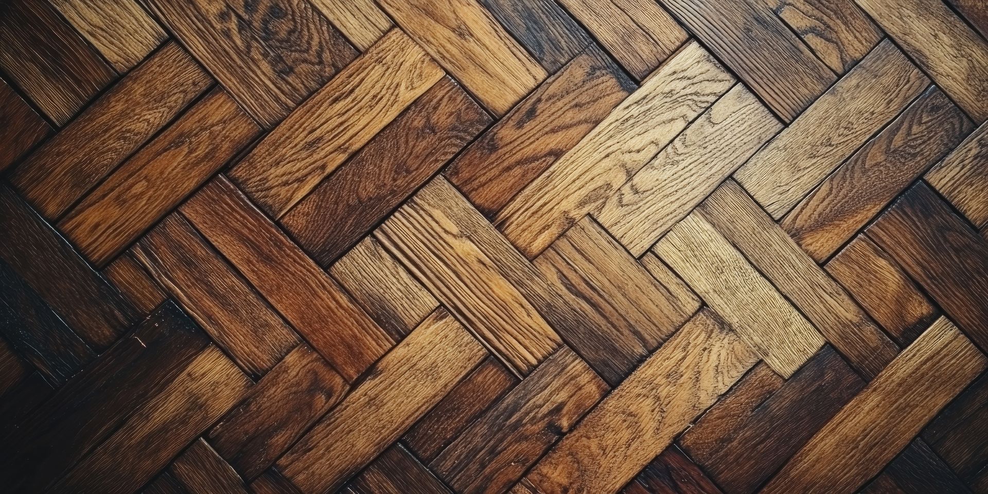Close-up of a dark brown wooden floor with a traditional herringbone parquet pattern.