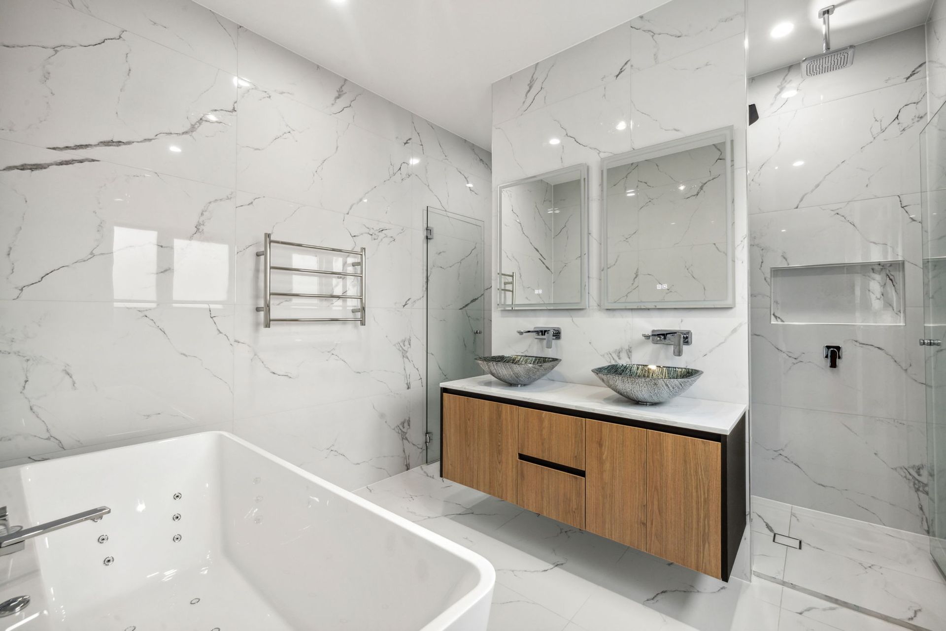 A Bathroom With A Walk In Shower, Bath, Sink And Mirror — ASM Joinery In Fyshwick, ACT