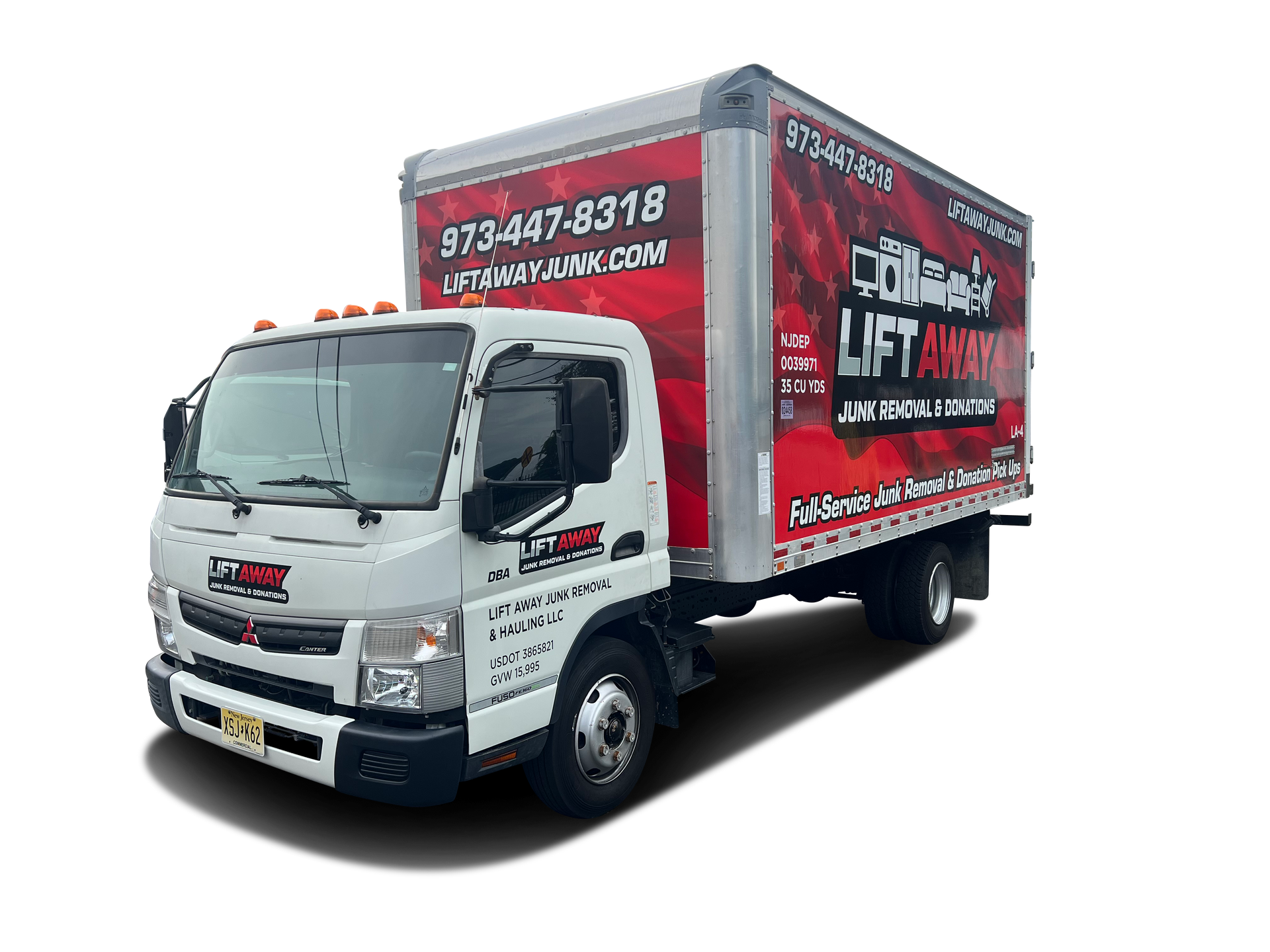 White box truck with red and black graphics. Phone number and website visible.