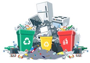 Pile of discarded appliances and electronics, including a refrigerator, oven, and TV.