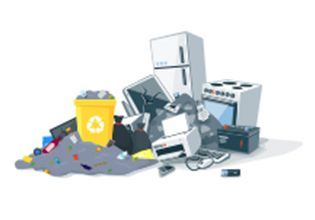 Heap of discarded electronic waste and trash; includes appliances, a trash can, and batteries.