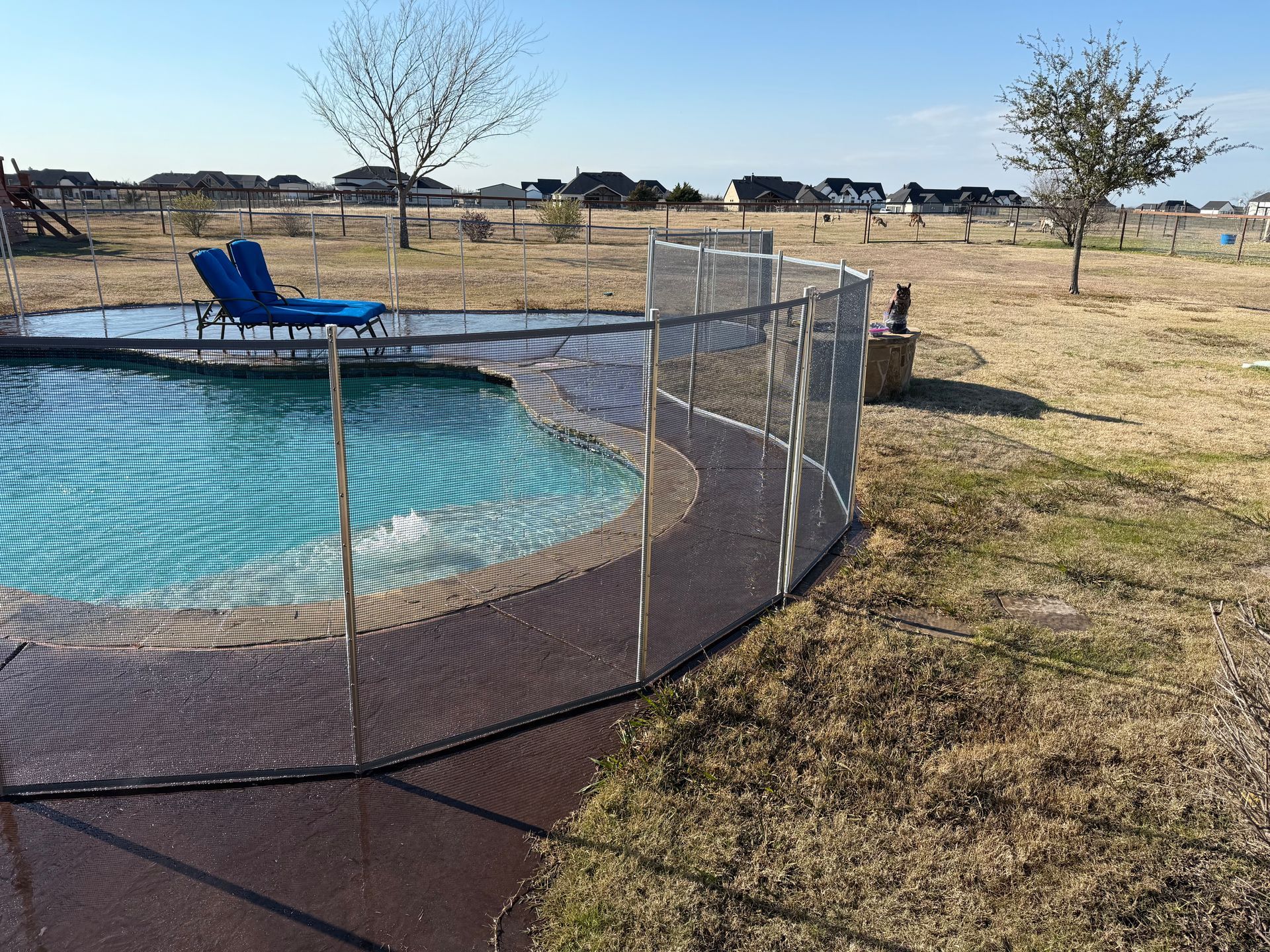 Outdoor fenced swimming pool in a dry yard with a blue lounge chair and open field beyond