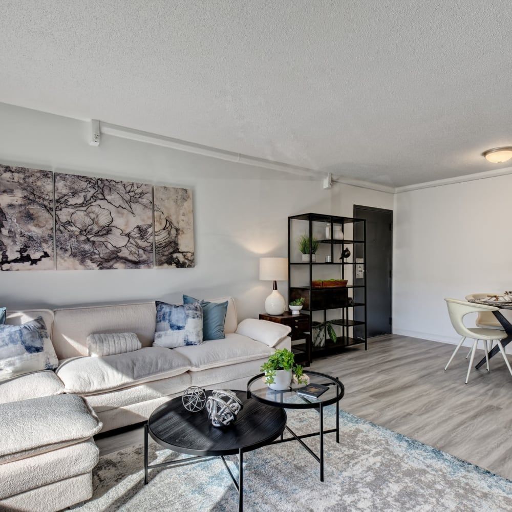 A living room with a couch and two coffee tables