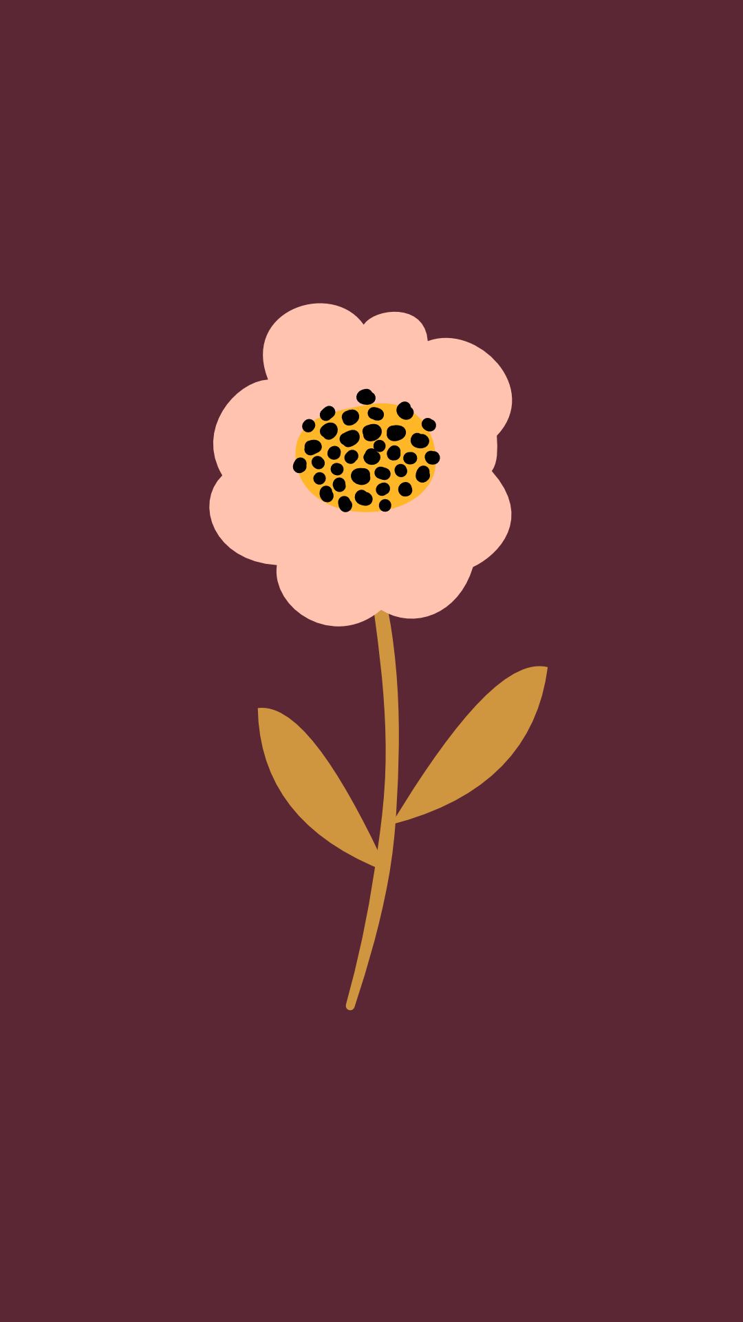 Roze en gouden bloem met een zwart hart op een bordeauxrode achtergrond.