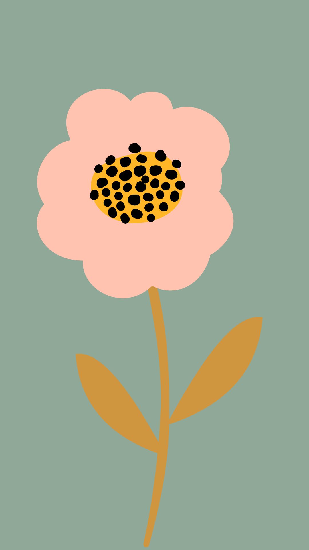 Roze bloem met geel hart en gele steel, twee gele bladeren, op een turquoisegroene achtergrond.