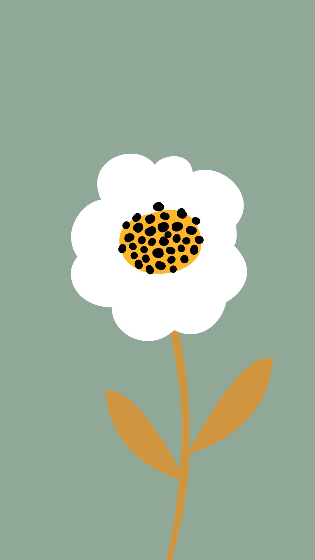 Witte bloem met zwart hart en gouden steel en bladeren op een groene achtergrond.