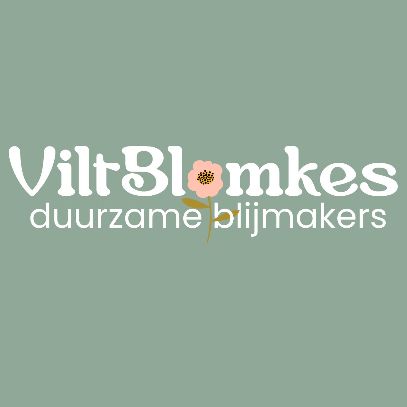 Logo voor ViltBlomkes, een bedrijf dat duurzame vilten bloemen maakt. Saliegroene achtergrond, witte tekst, bloemafbeelding.