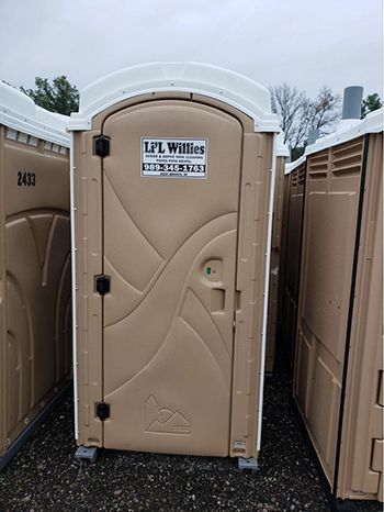 A row of portable toilets are lined up in a gravel lot.