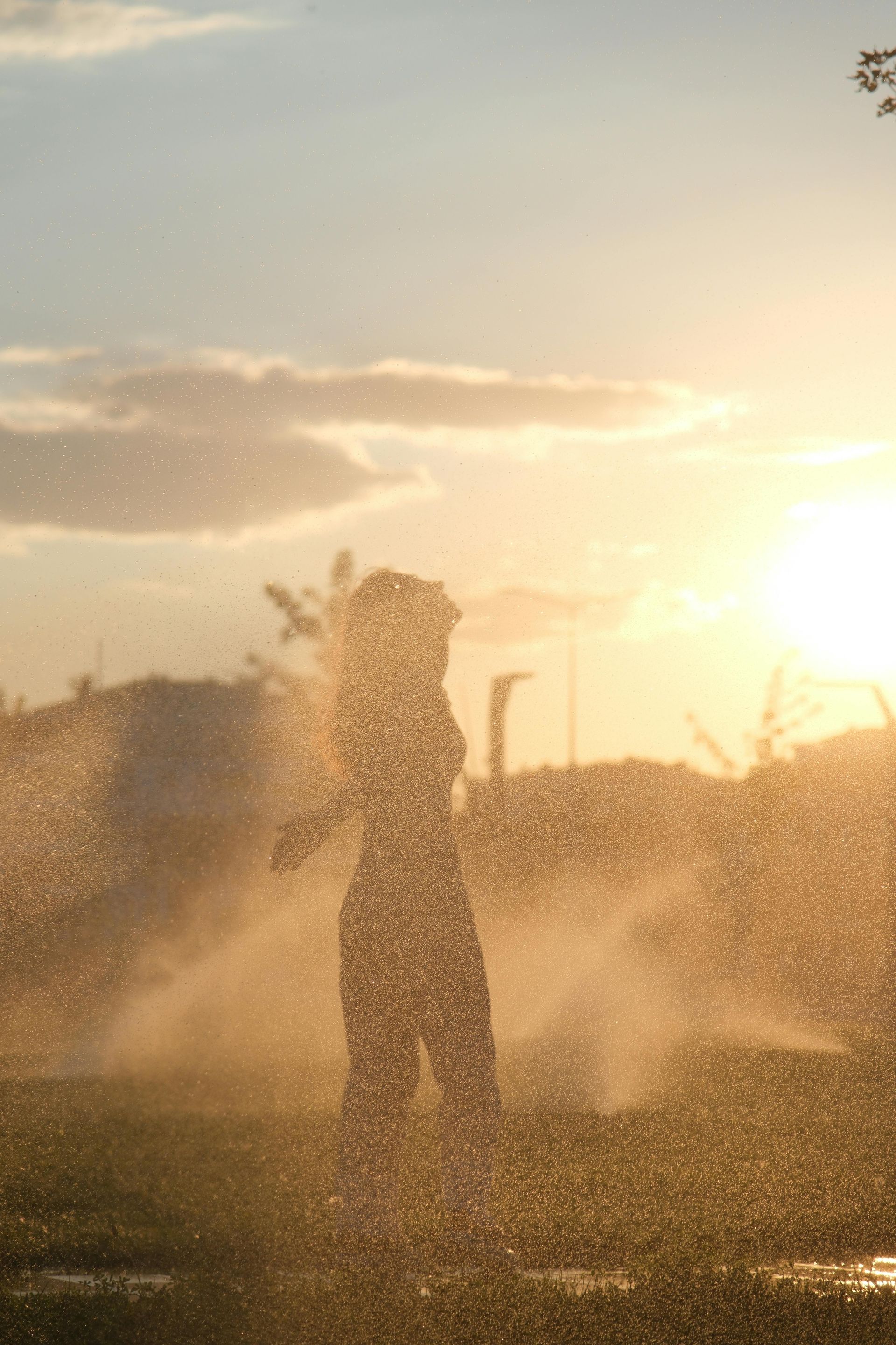 A silhouette of a person standing in the rain at sunset.