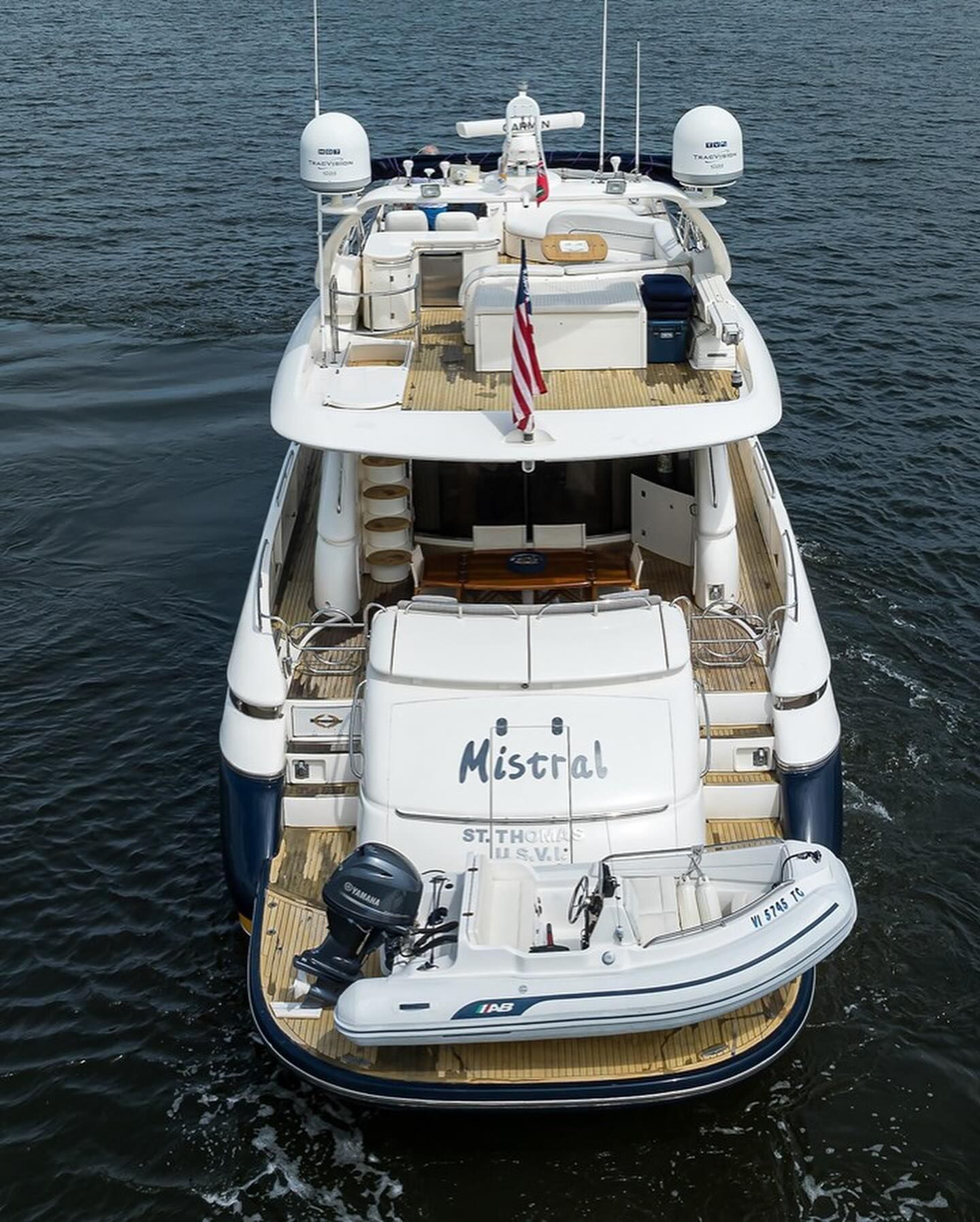 An aerial view of a yacht named mistral