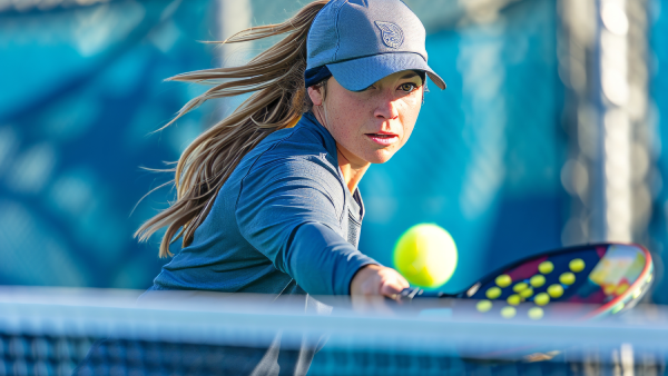 A woman is playing pickleball with coaching lessons.