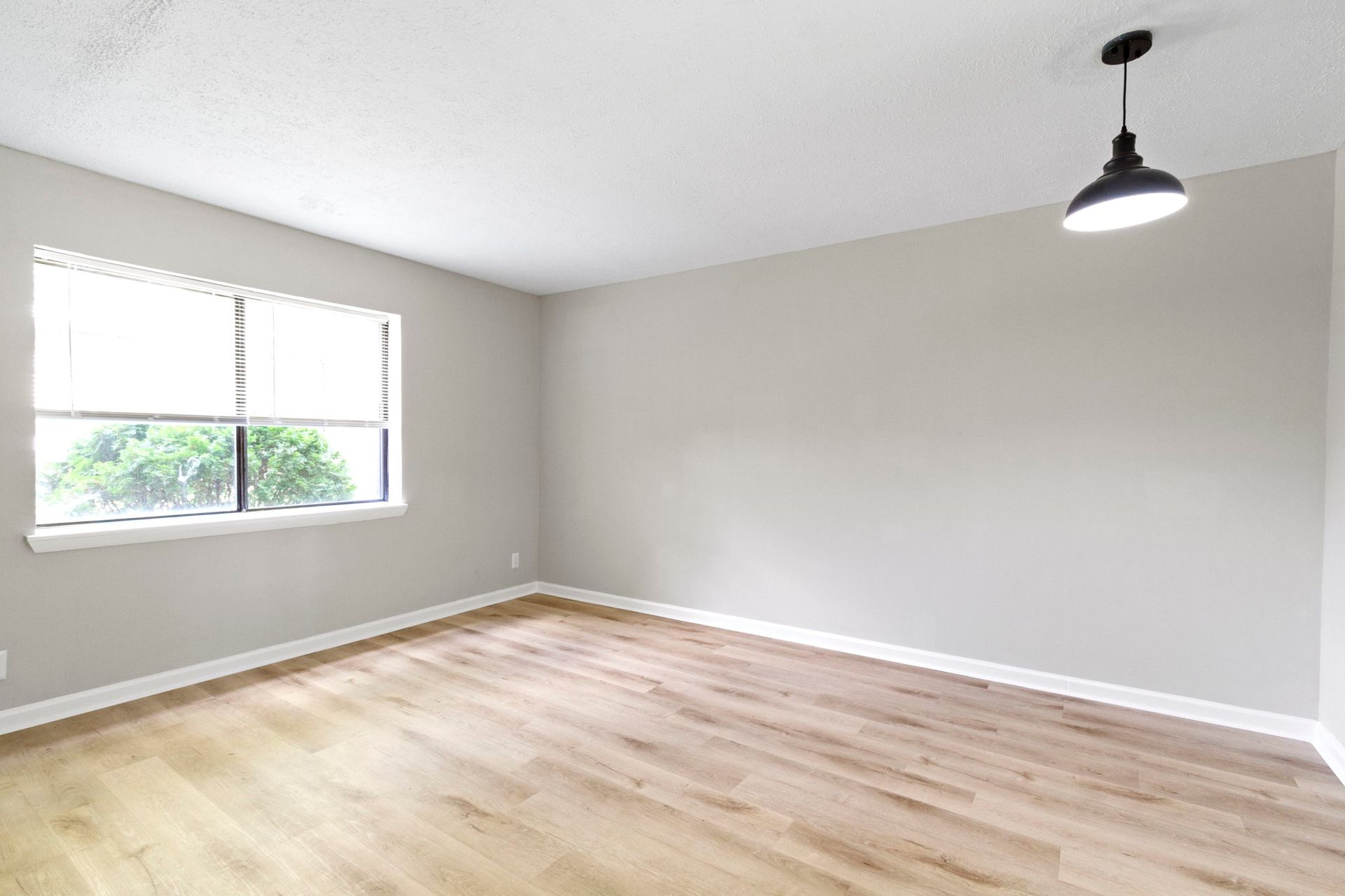 Empty room with light wood flooring, white walls, window, and pendant light.