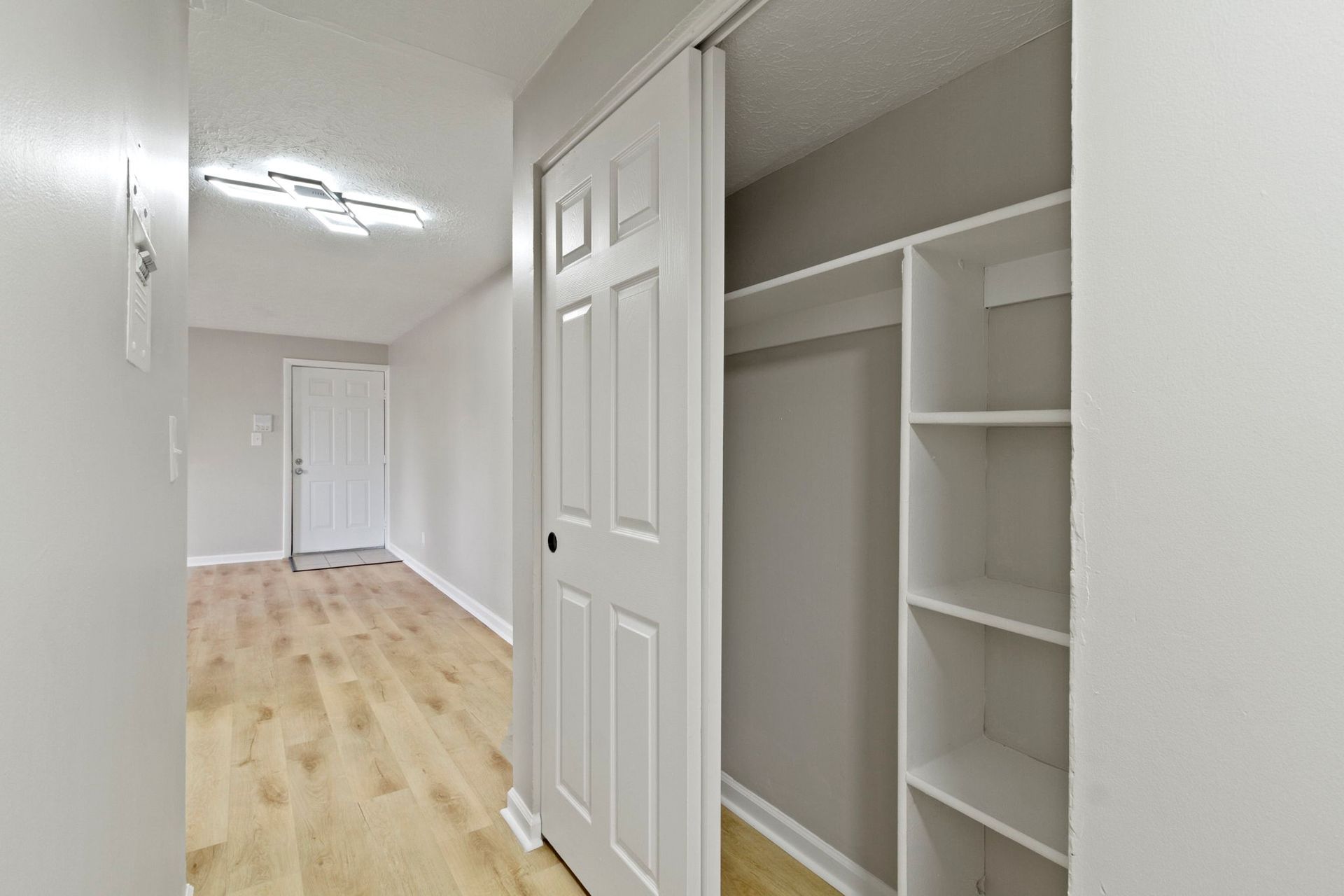 Hallway with open closet, white door, light wood floor.