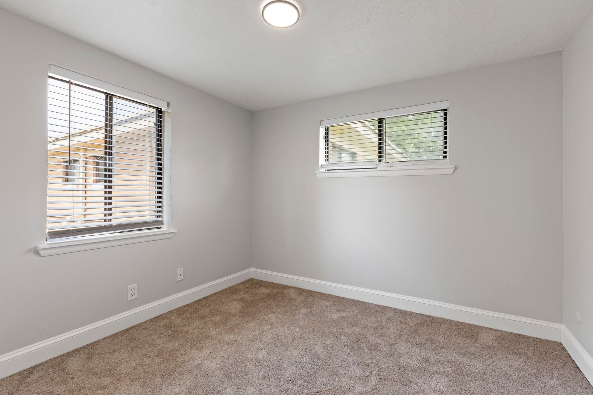 Empty room with two windows, tan carpet, and gray walls.