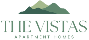 Logo for The Vistas Apartment Homes.  Green mountains over text in green, "THE VISTAS" and "APARTMENT HOMES".