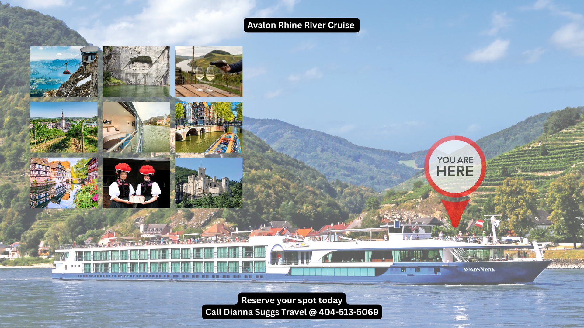 Rhine River with villages and green hills 
