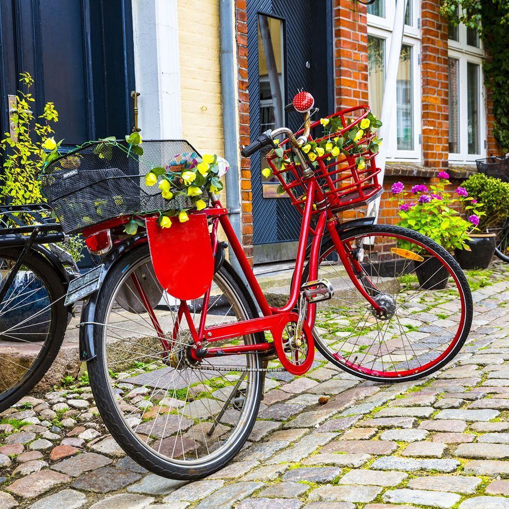 Bike with Flowers on cobblestone street at Middelburg’s Dutch Harbor Town
