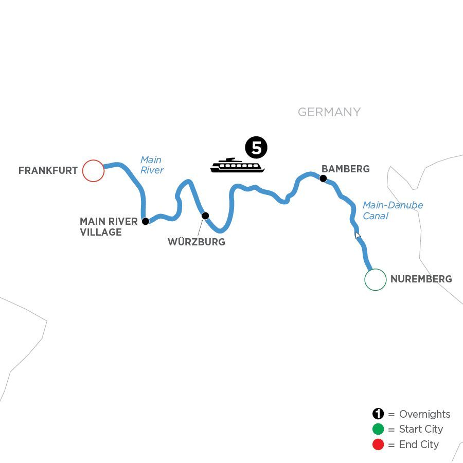 Map of 6 Day Christmastime River Cruise Nuremberg to Frankfurt