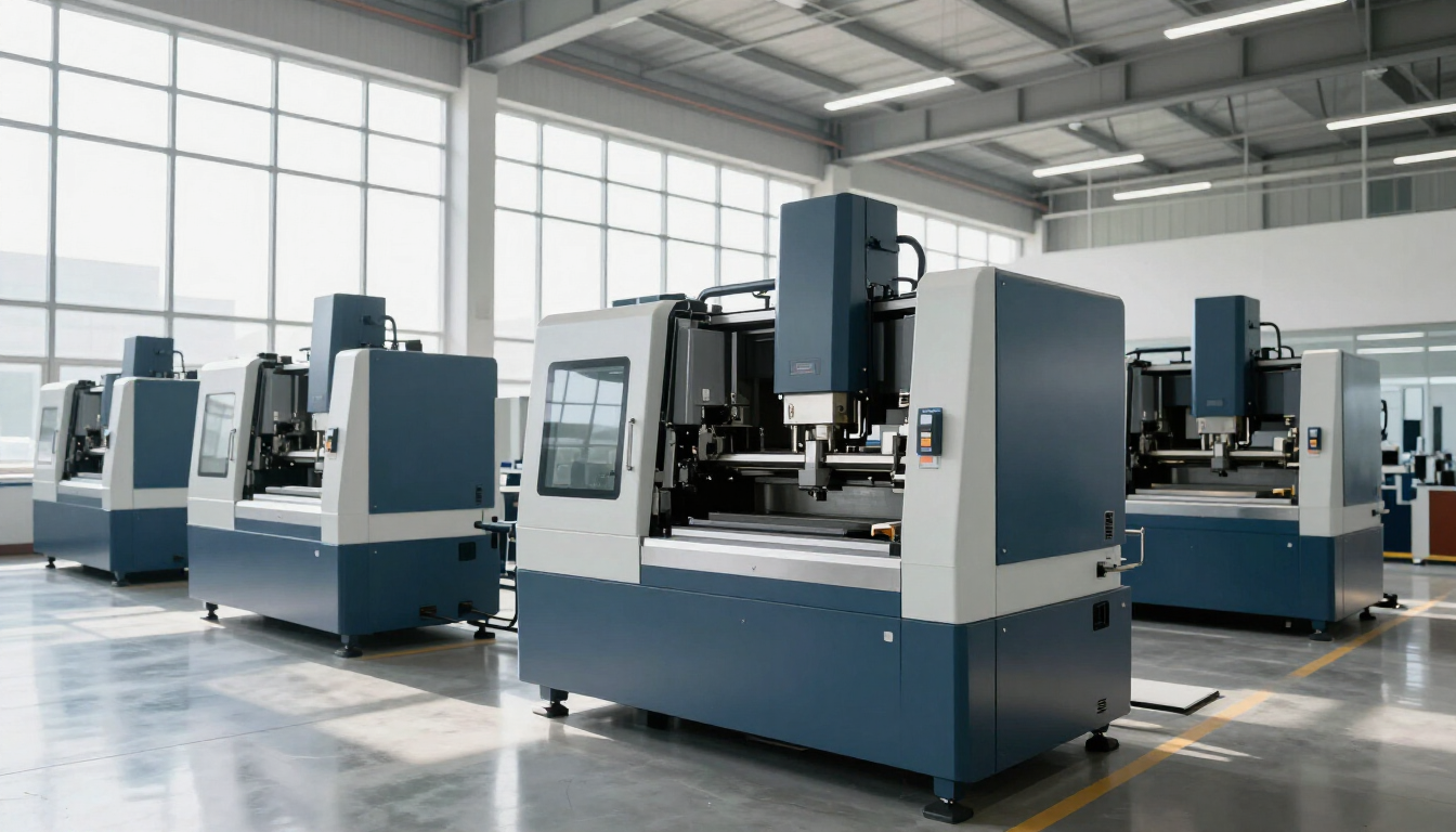 Tres fresadoras CNC industriales se alinean en el interior de una fábrica luminosa y moderna con grandes ventanales.