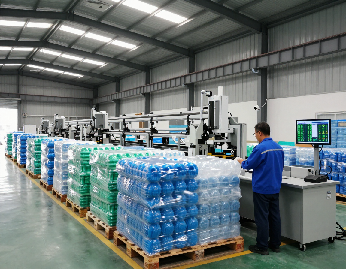 Un operario de fábrica maneja una estación de control junto a una línea de producción de botellas de agua de plástico envueltas en plástico retráctil sobre palés.