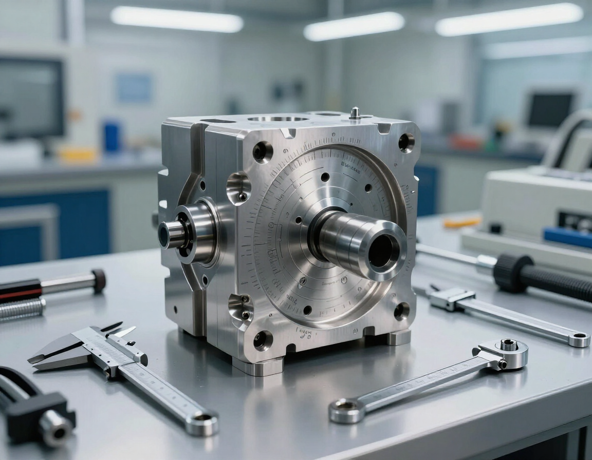 Un bloque metálico de ingeniería de precisión, con un husillo central y marcas de medición, reposa sobre una mesa de laboratorio junto a un calibrador.