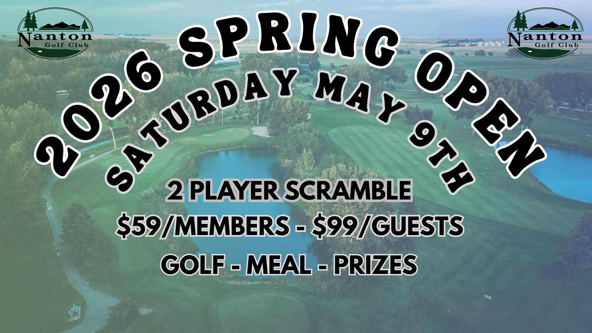 2026 Spring Open golf event poster: Saturday May 9th, 2-player scramble, $59 members/$79 guests, golf, meal, prizes