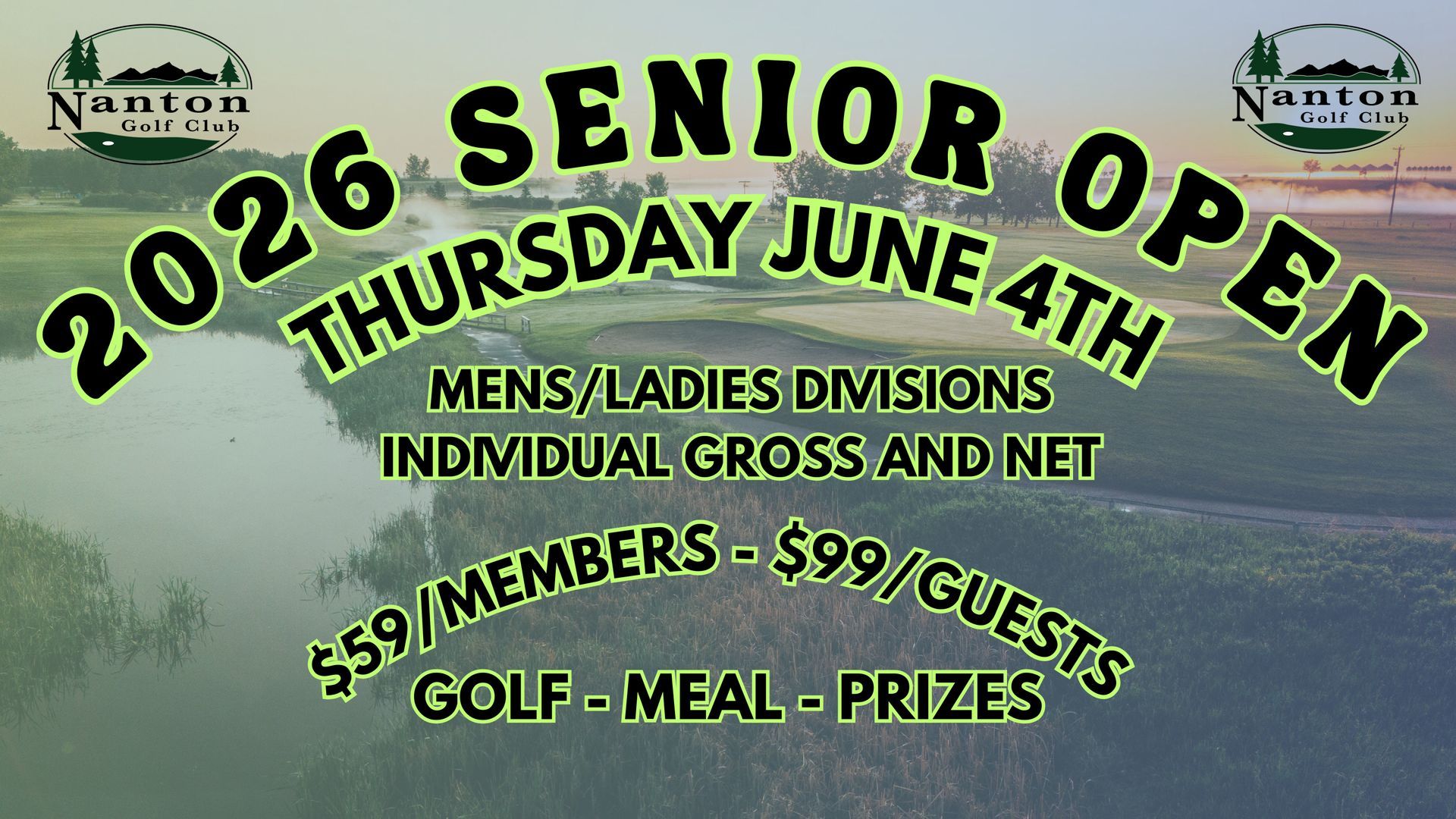 2026 Senior Open golf event poster with June 4 date, divisions, greens fees, meal and prizes
