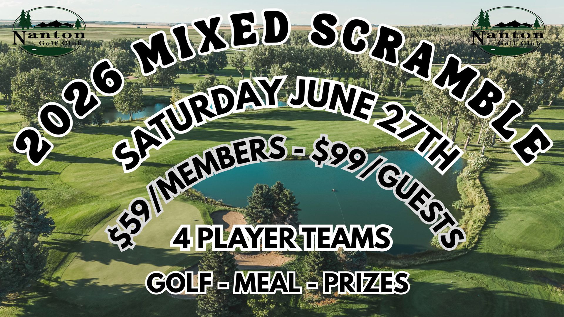 2026 Mixed Scramble golf event flyer with green course background, June 27, 4-player teams, $59 members/$99 guests