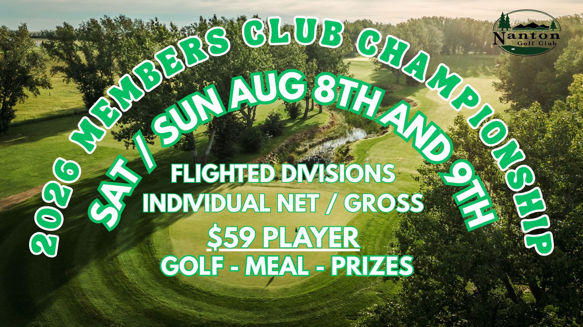 2026 Members Club Championship golf event flyer over green course background with date, divisions, and prizes
