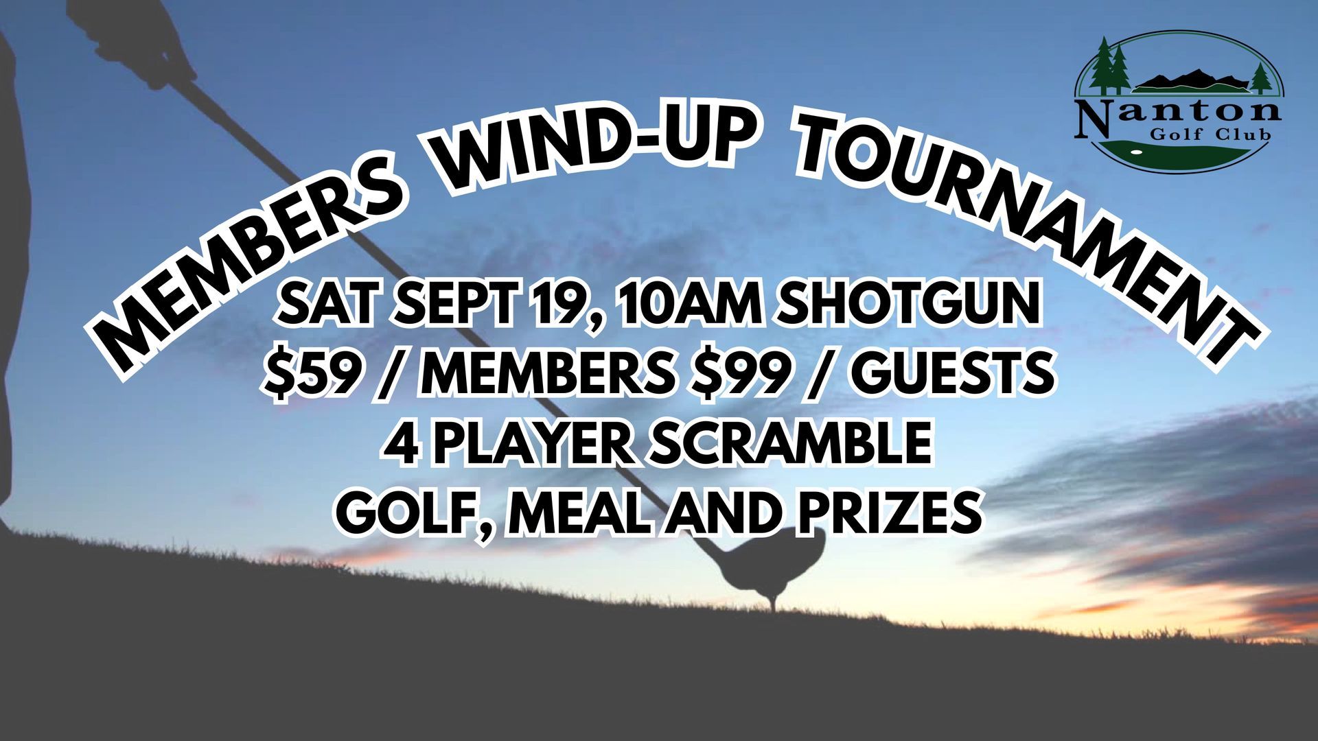 Wind-up tournament flyer over desert sunset, Sept. 19 at 10am shotgun, $59 members/$99 guests, golf, meal, prizes