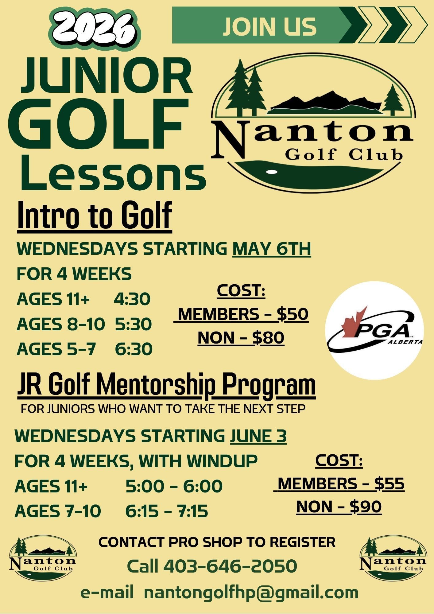 2026 Nanton Golf Club junior golf lessons flyer with green and yellow text and schedule details