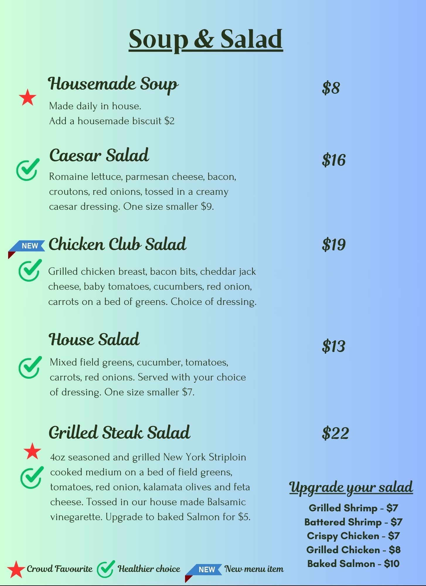 Soup and Salad menu with listed dishes and prices on a blue background