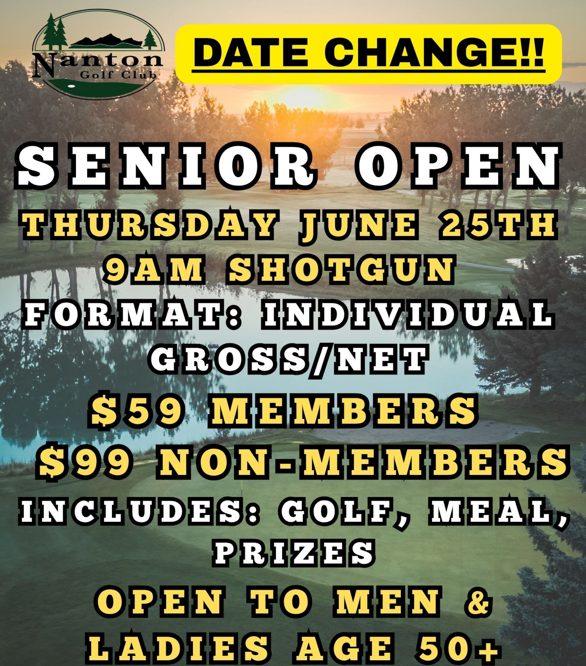 2026 Senior Open golf event poster with June 4 date, divisions, greens fees, meal and prizes