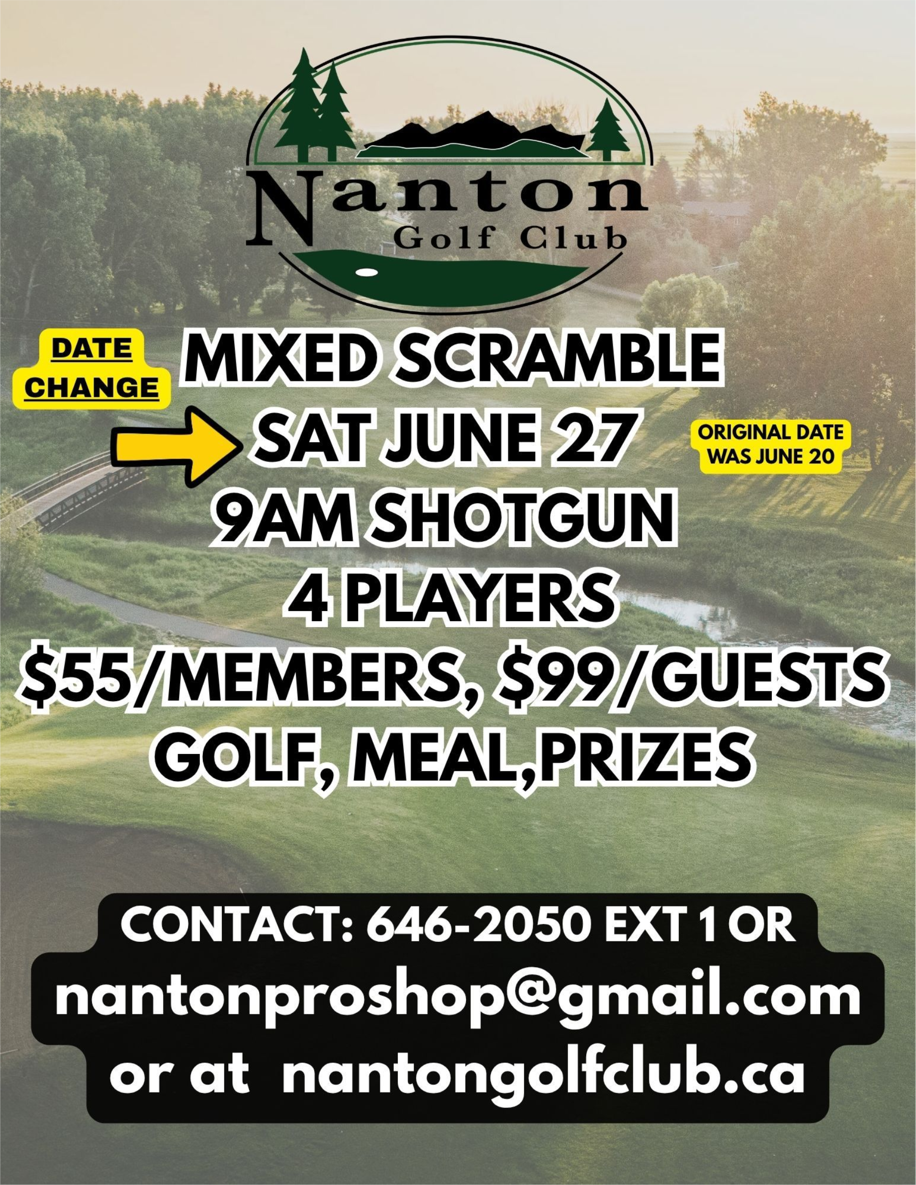 2026 Mixed Scramble golf event flyer with green course background, June 27, 4-player teams, $59 members/$99 guests
