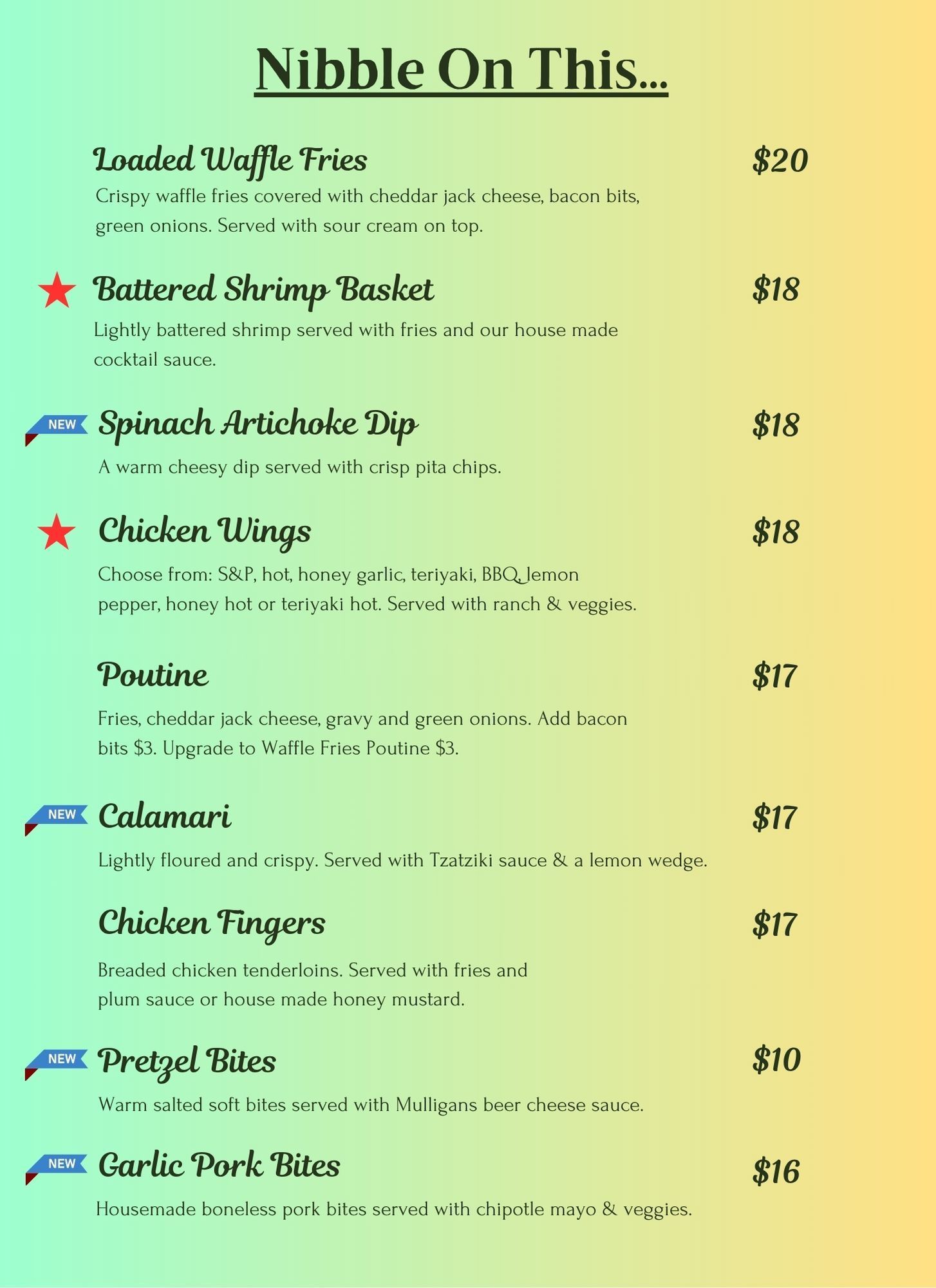 Restaurant menu section titled “Nibble On This” with appetizer items and prices on a green background
