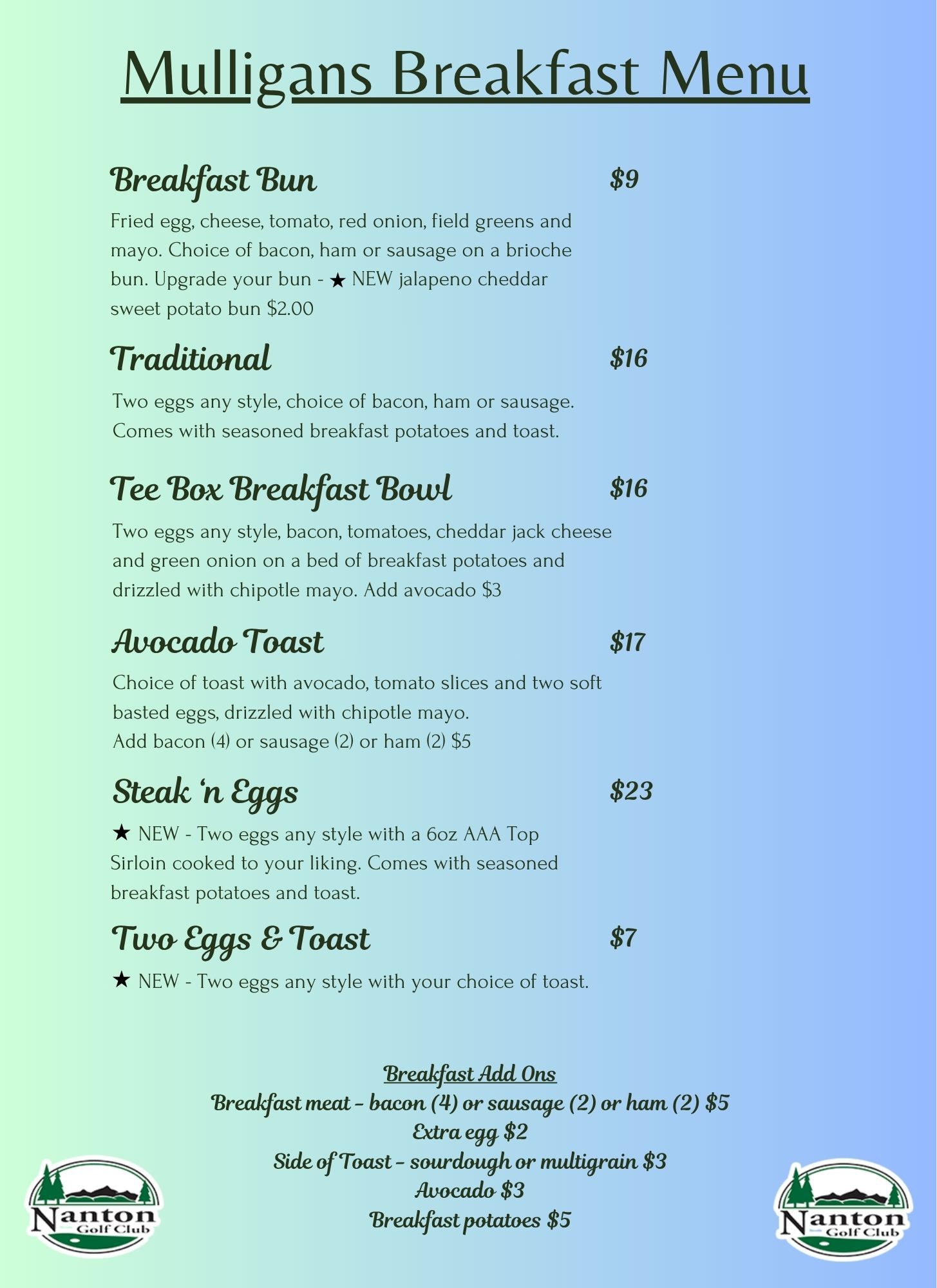 Mulligans Breakfast Menu on a blue gradient background with breakfast items and prices