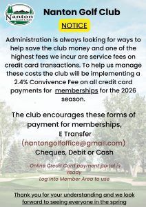 Nanton Golf Club notice about helping cover credit card fees; asks members to pay by e-transfer, cheque, debit, or cash.
