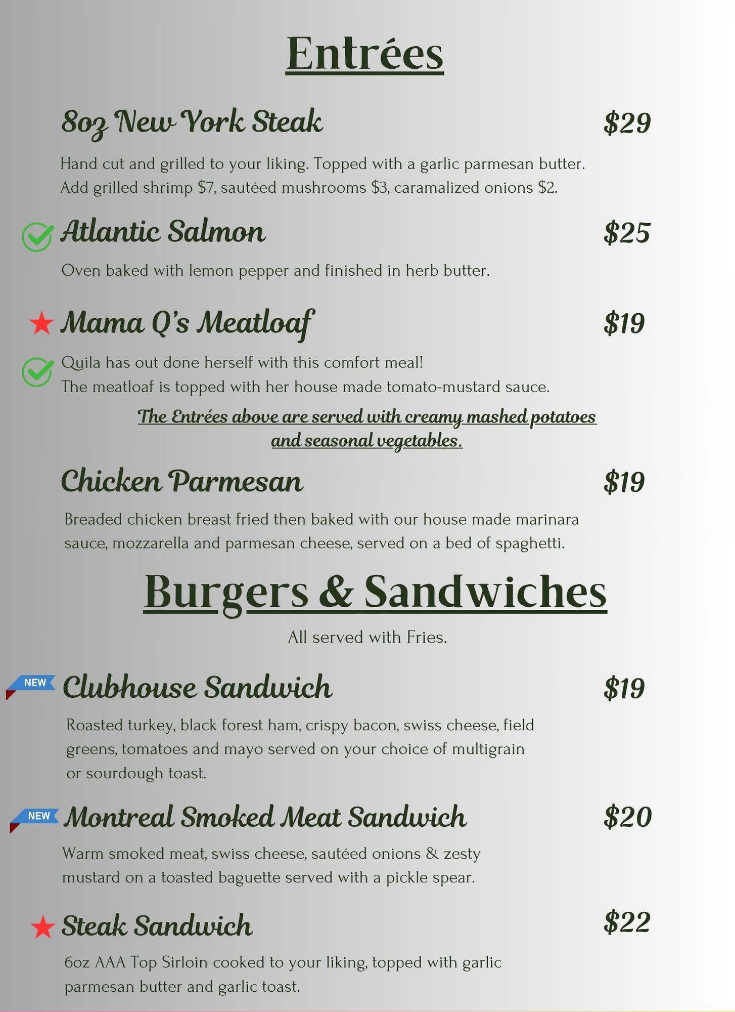 Restaurant menu page with Entrées and Burgers & Sandwiches, listing dishes and prices on a light background