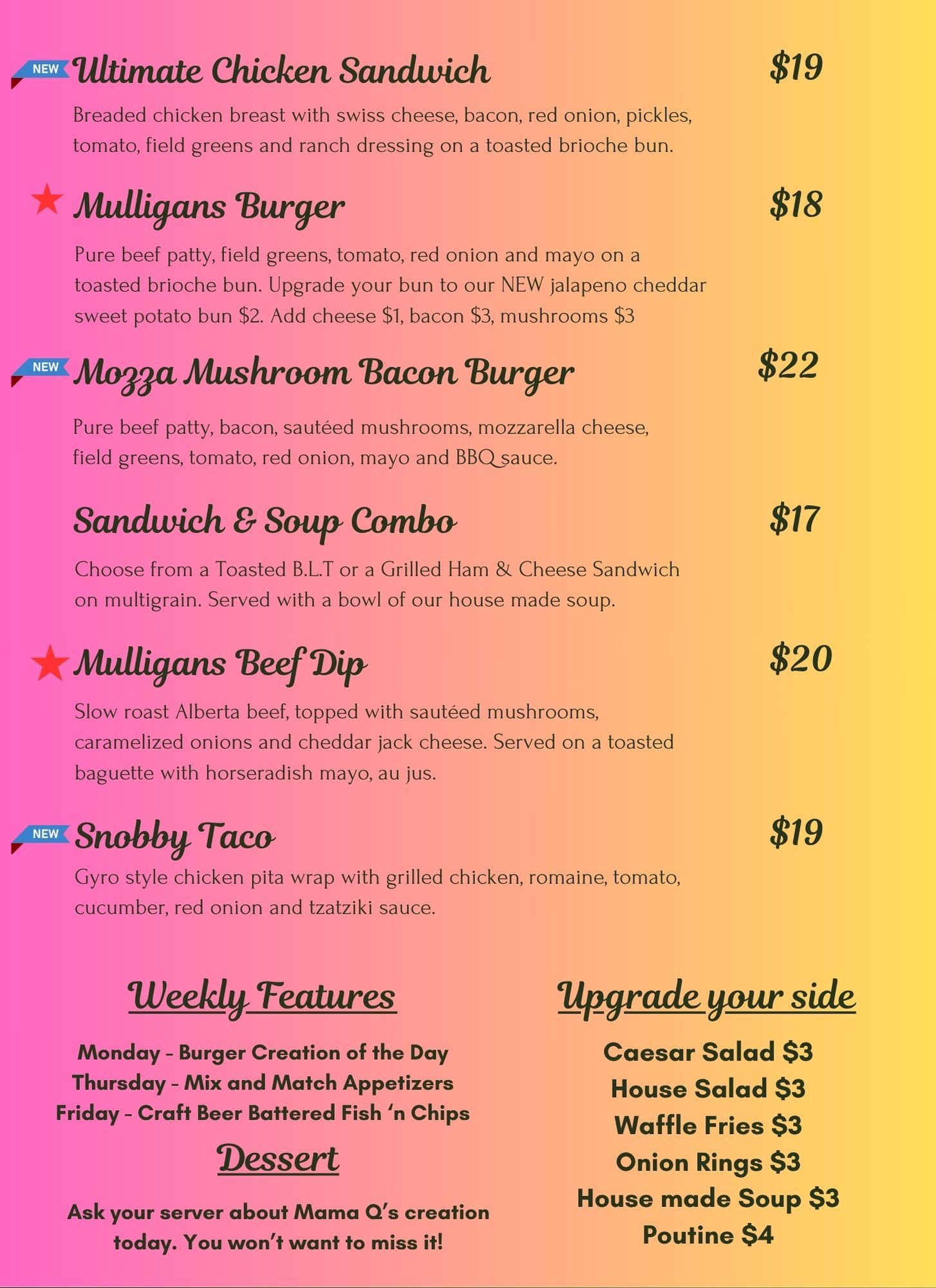 Restaurant menu page with Entrées and Burgers & Sandwiches, listing dishes and prices on a light background