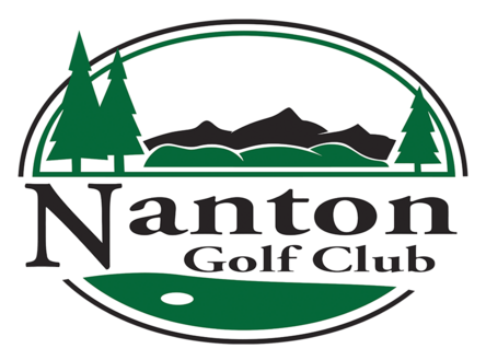 Nanton Golf Club logo with green trees, mountains, and black text on a white background