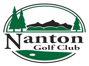 Nanton Golf Club logo with green trees, mountains, and black text on a white background
