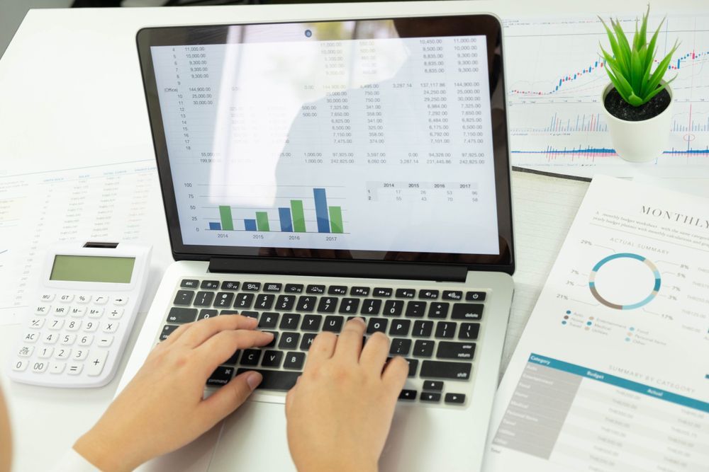 Person Working on a Laptop With Financial Charts and Documents — Careful Books in Mareeba, QLD