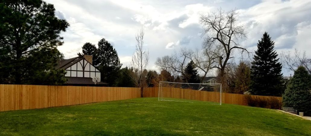 There is a soccer goal in the backyard with a wooden fence.