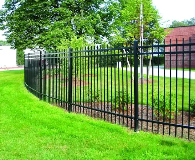 A black metal fence surrounds a lush green field.