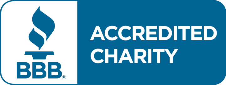 The bbb logo is blue and white and says accredited charity